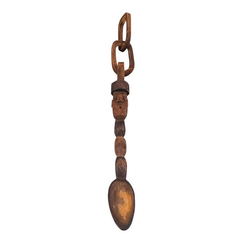 Figurative Carved Folk Art Whimsy Spoon with Chain of Locks Welsh Scandanavian